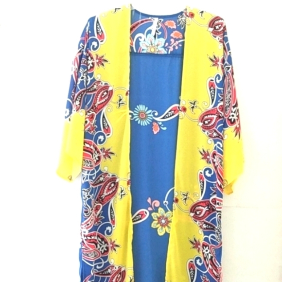 KIMONO ROBE SMOCK DUSTER SWIM COVER-UP ROYAL BLUE YELLOW RED SIZE MEDIUM NWOT - Picture 1 of 6
